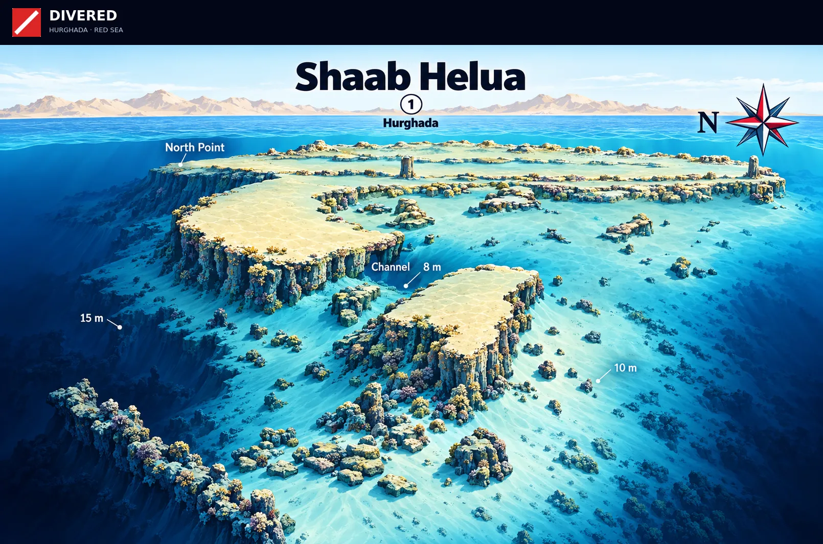 Shaab Helua dive site map with depths and routes
