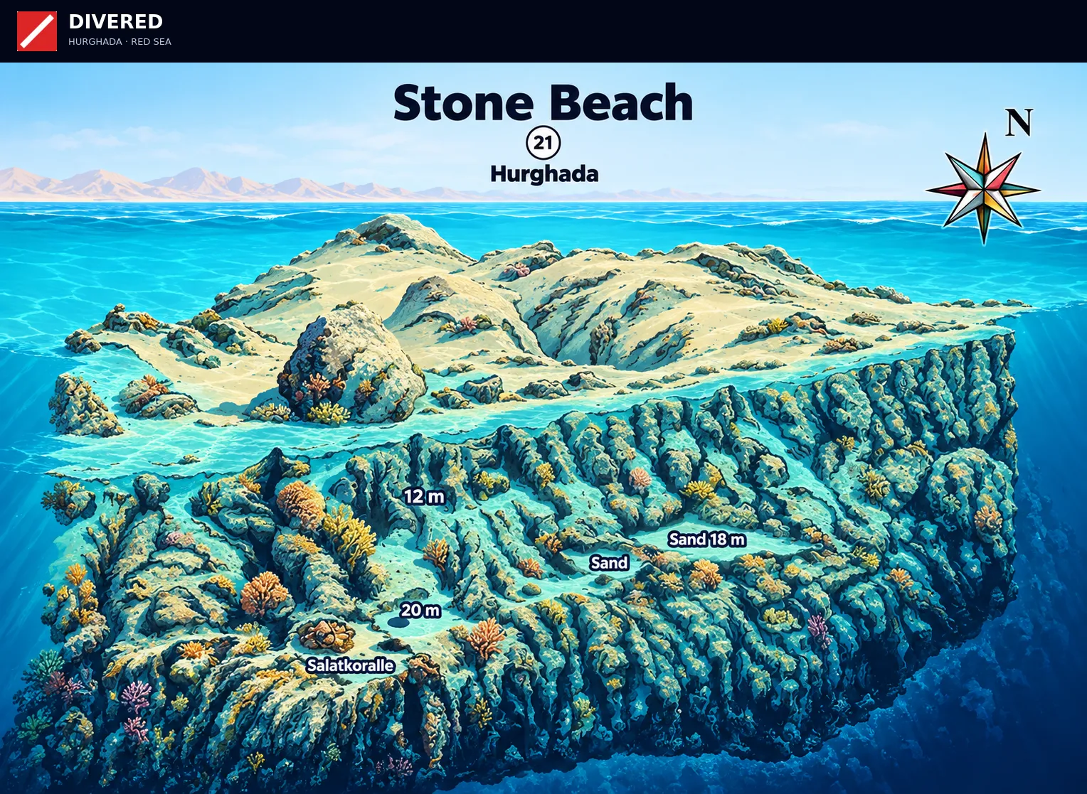 Stone Beach dive site map with depths and routes