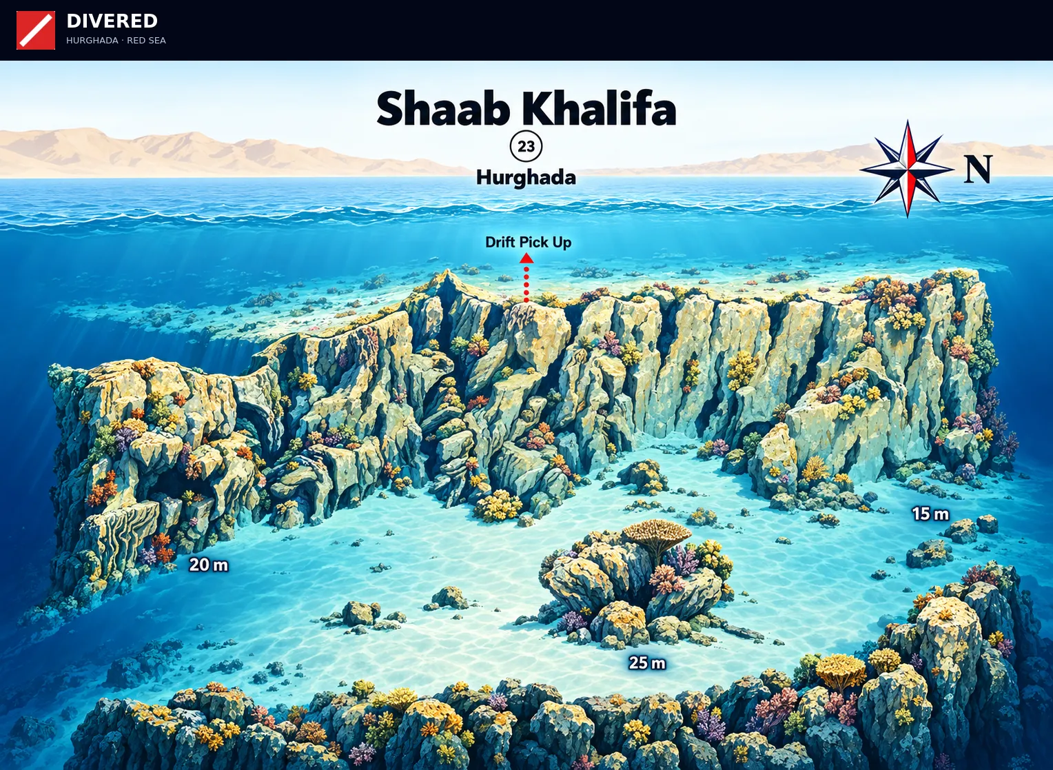 Shaab Khalifa dive site map with depths and routes