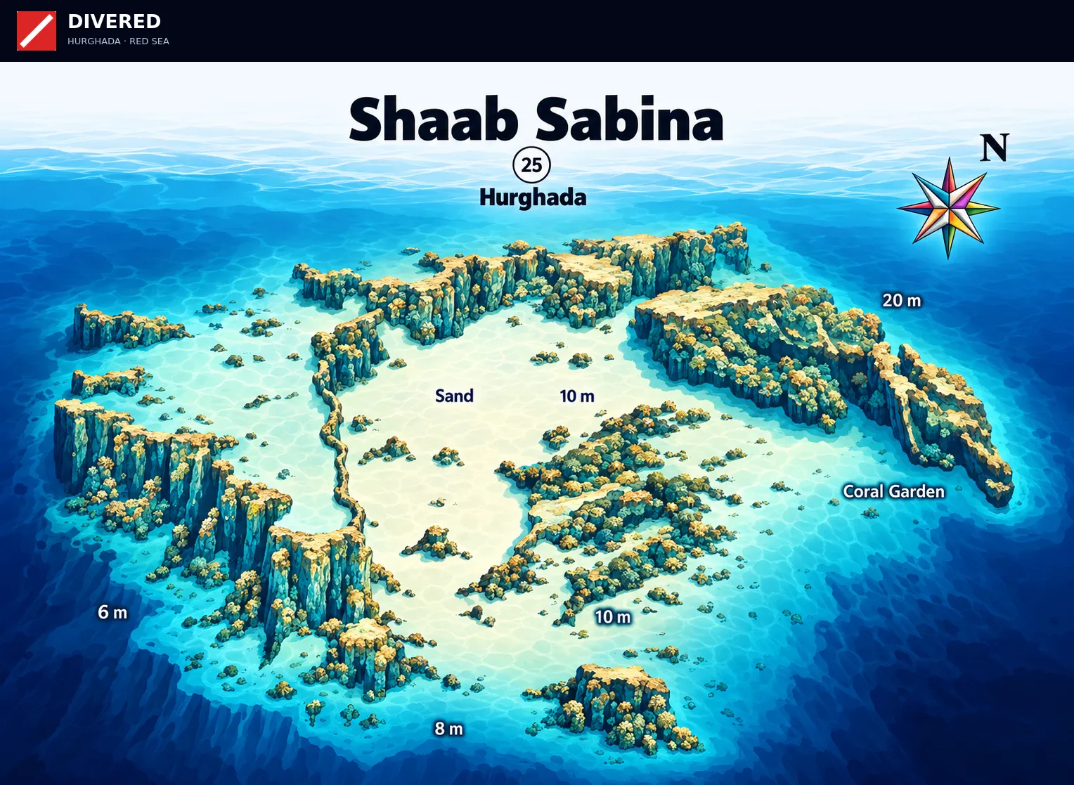 Shaab Sabina dive site map with depths and routes