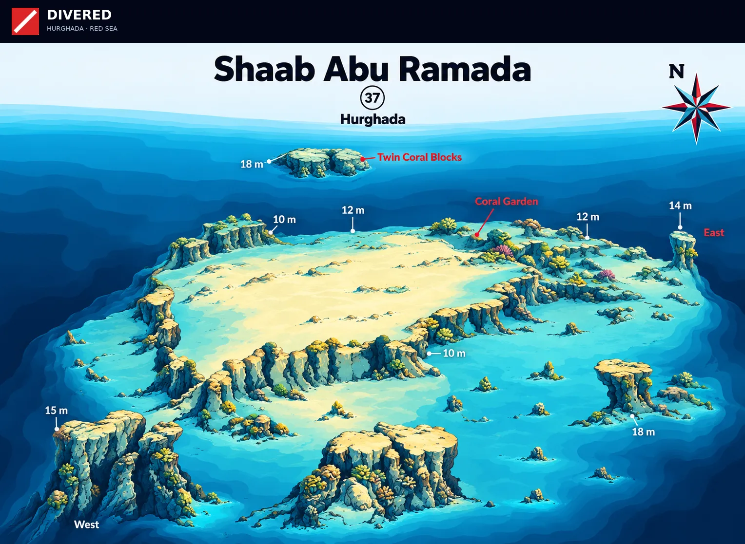 Gota Abu Ramada dive site map with depths and routes