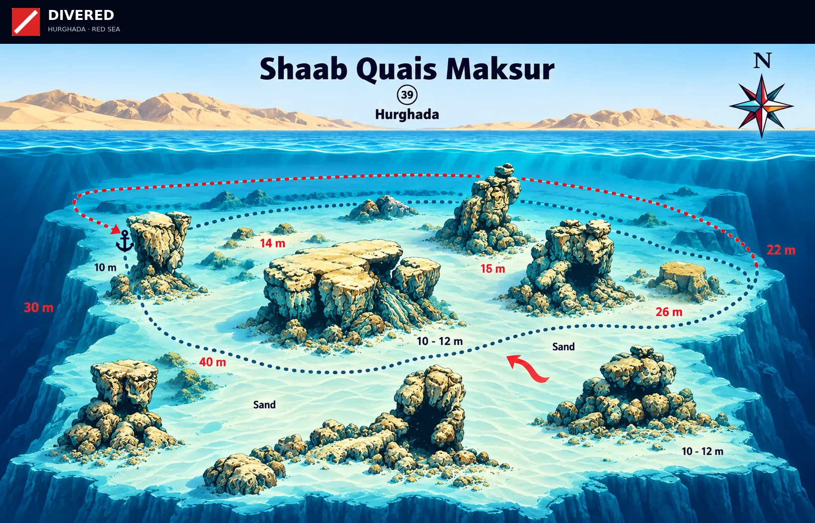 Shaab Quais Maksur dive site map with depths and routes