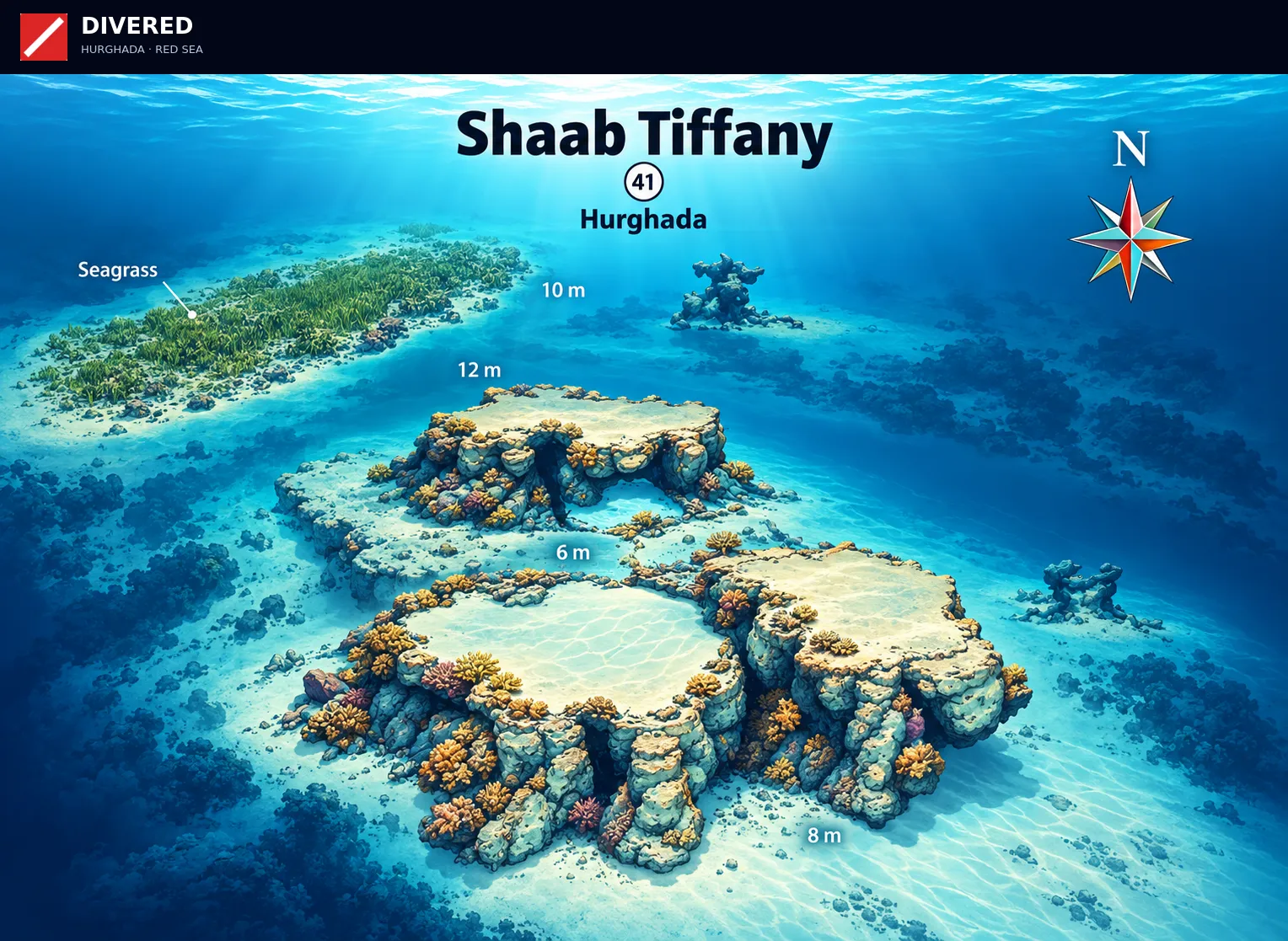 Shaab Tiffany dive site map with depths and routes