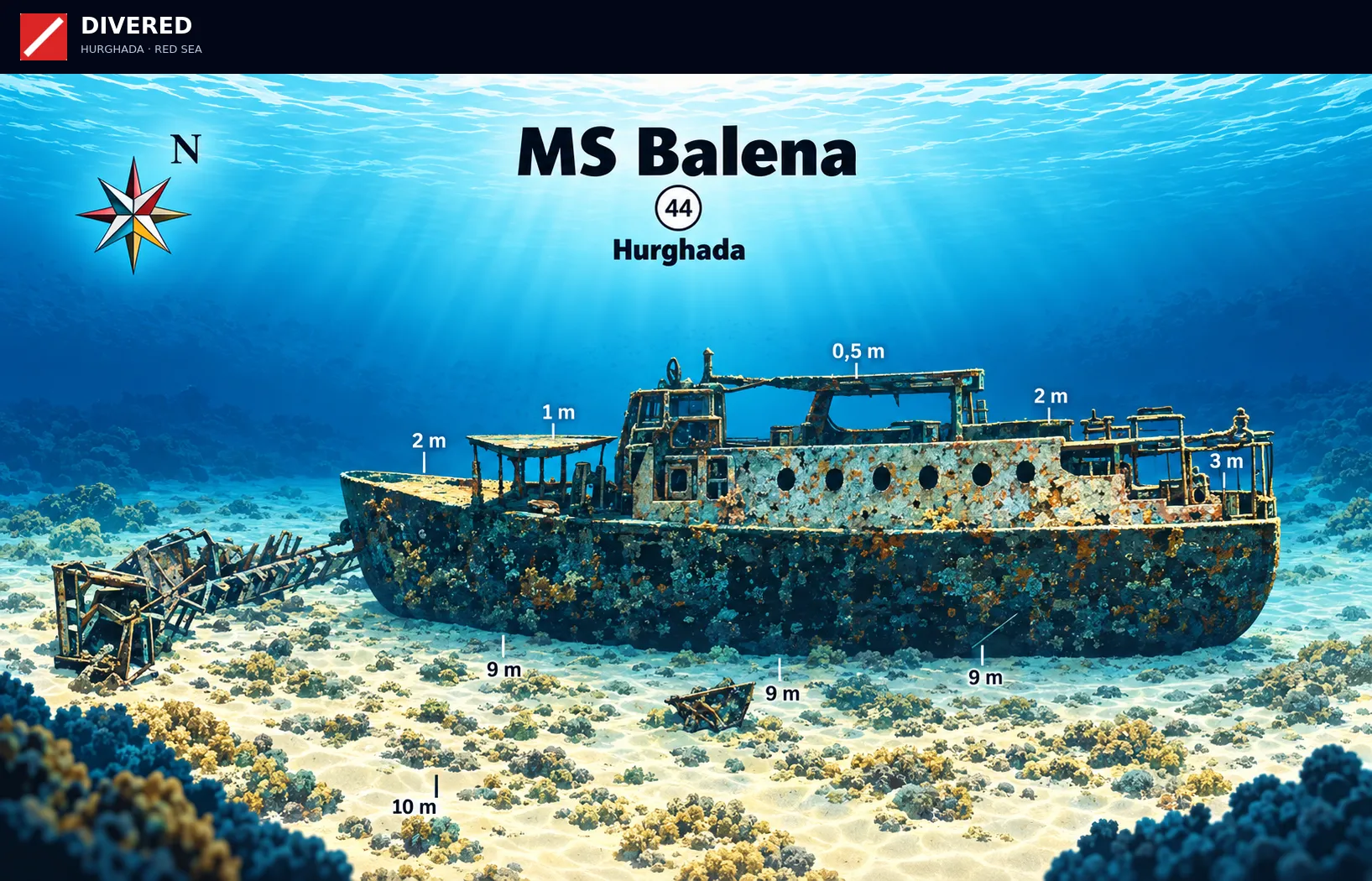 MS Balena dive site map with depths and routes