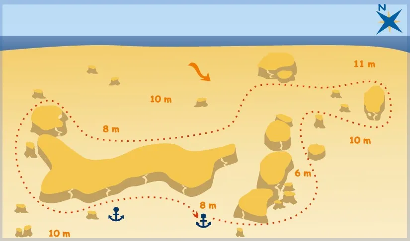 Magawish dive site map with depths and routes